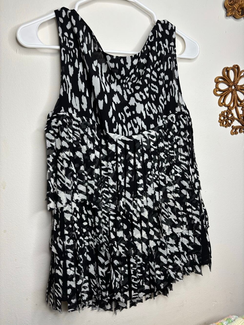Alfani Black White Animal Print Tiered Fringed Tank Top Size S